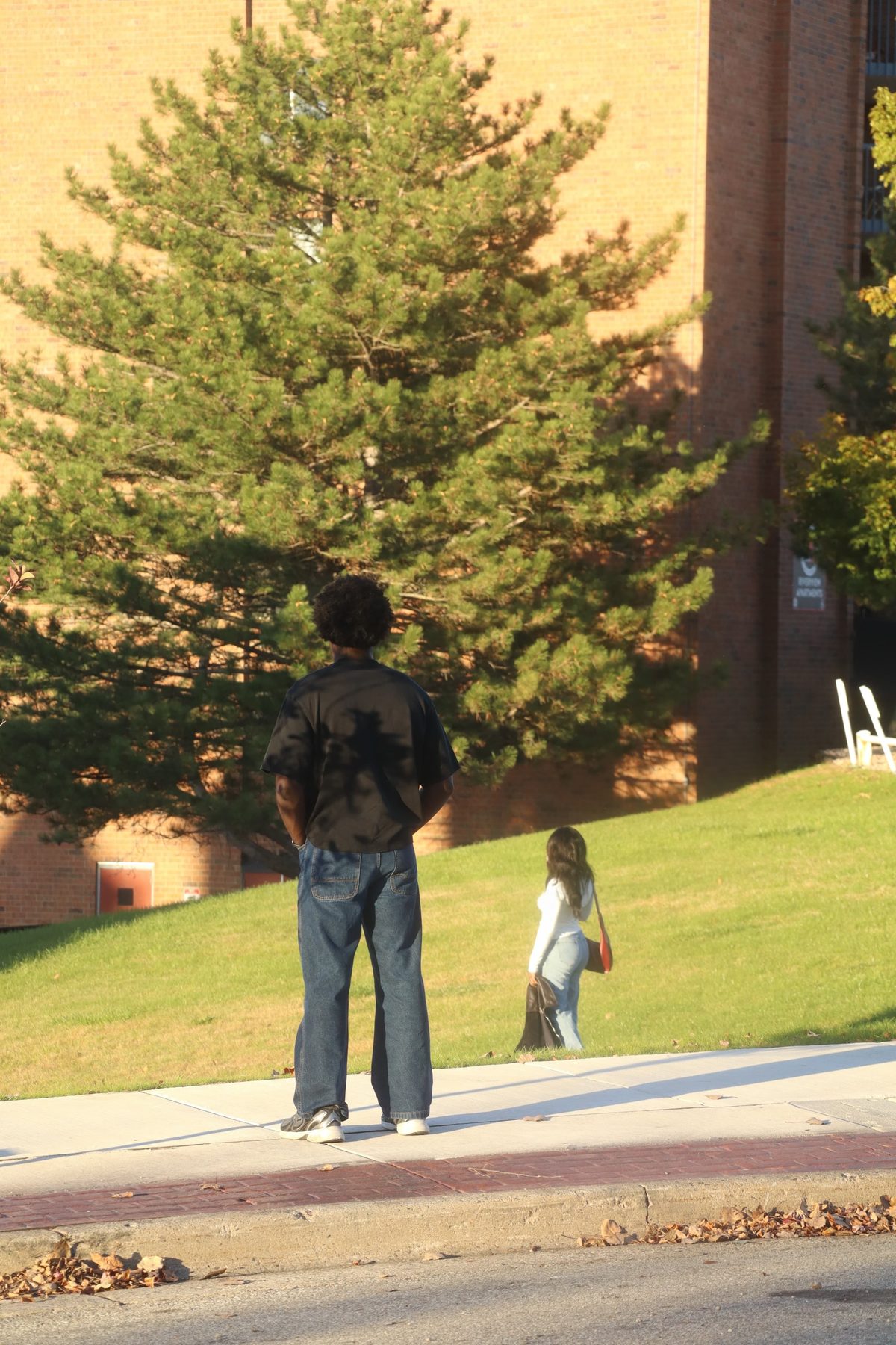 Staged Still, the man standing with his back turned, the woman on the slope
